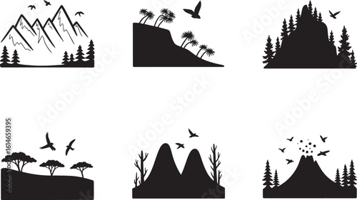 Minimalist black silhouette set depicting diverse natural landscapes, featuring mountains, forests, cliffside palm trees, and an erupting volcano.