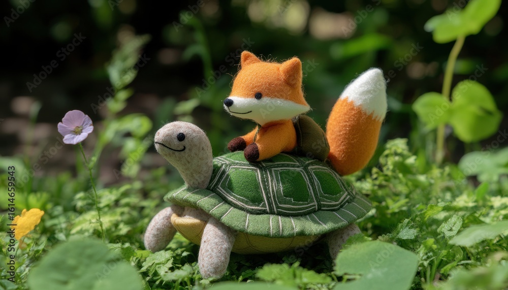 Fototapeta premium Technology-infused adventure kids discover mini plush fox riding a turtle in a garden wonderland