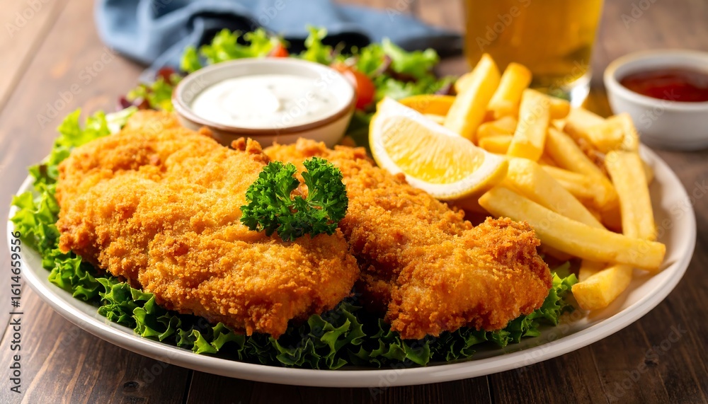 Crispy fried fish fillets served with golden french fries, a fresh salad, and tartar sauce Crispy fried fish fillets served with golden french fries, a fresh salad, and tartar sauce