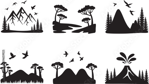 A collection of diverse black silhouette nature scenes featuring mountains, various trees, flying birds, and an erupting geyser.