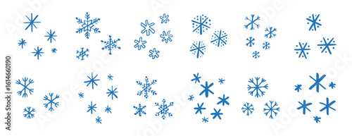 chalk pencil drawing blue snowflakes set. Snowflake doodle hand drawn cute style elements. Winter or Christmas concept.