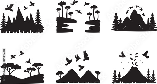 Six dynamic black silhouette nature icons: mountains, dense forests, and an erupting volcano with birds.