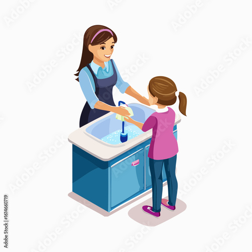 A woman is teaching a young girl how to wash her hands at a sink, demonstrating proper hygiene.