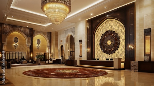Lavish hotel lobby. Ornate design with a large chandelier and intricate decor. Elegant architecture. Warm, inviting atmosphere