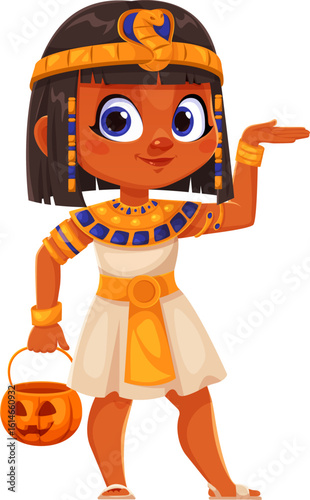Cute cartoon girl dressed in an Egyptian costume holds a pumpkin basket ready for kids Halloween party. Vector character wears traditional gold headpiece and jewelry, showcasing festive cultural look