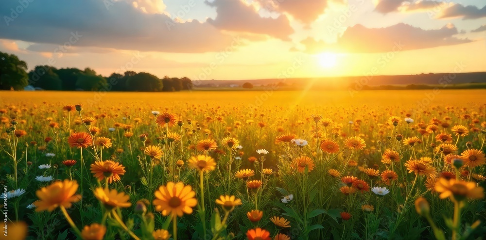 Fototapeta premium Golden hour sunlight bathes a vibrant summer field, wildflowers in full bloom, stretching to a distant horizon Perfect for idyllic summer, nature, and rural themes , idyllic, flowers