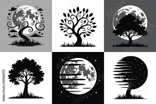 Abstract monochrome tree silhouettes with full moons, clouds, and artistic light patterns