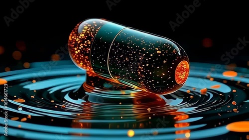 As if caught in a cosmic ballet, the liquid mirror capsule reflecting phantom pulses emits brilliant glimmers of orange and deep teal, with synchronized movements creating a symphony of