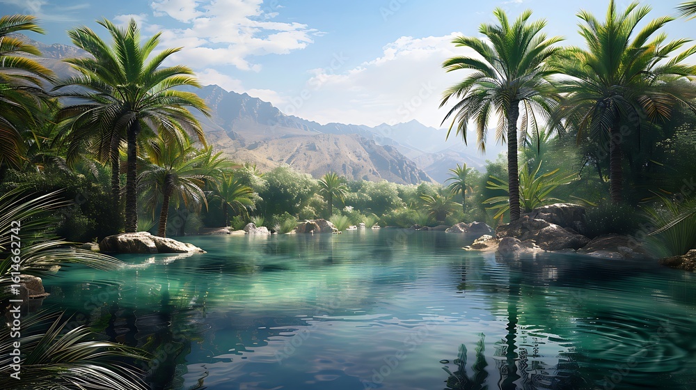 Obraz premium An oasis with date palms providing shade over a crystal-clear pond