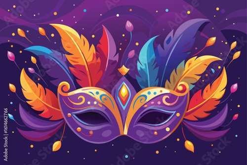 Ornate purple mardi gras mask with colorful feathers vector