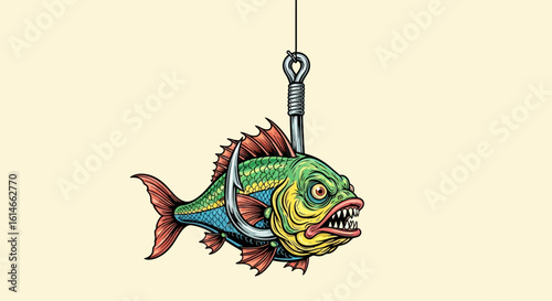 Aggressive Piranha Fish Caught on Fishing Hook Illustration