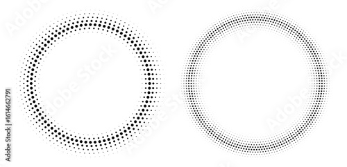 Halftone circle frame, radial dots pattern, abstract vintage circular graphic element. Vector illustration.