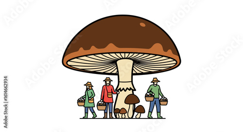 Mushroom Foraging People with Giant Mushroom Illustration