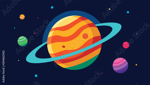 Colorful ringed planet and other planets in deep space