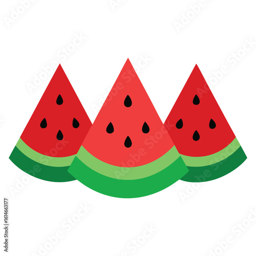 Three bright red watermelon slices with green rind and black seeds