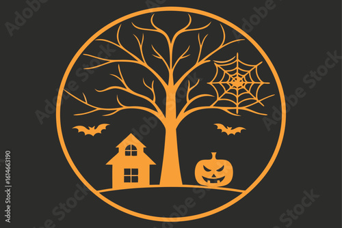 Spooky Halloween scene with pumpkin tree bats and house orange black