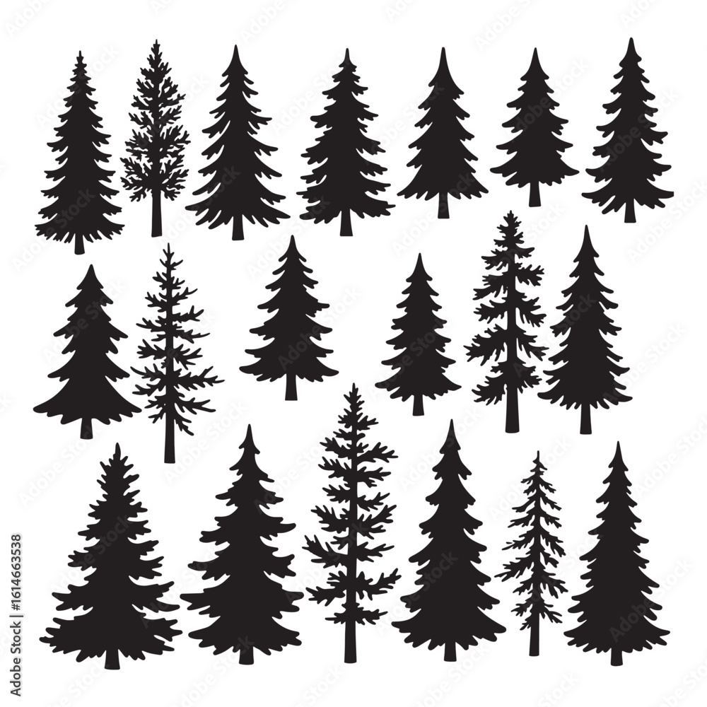 Obraz premium Black silhouette collection of varied stylized evergreen fir trees isolated on white background.