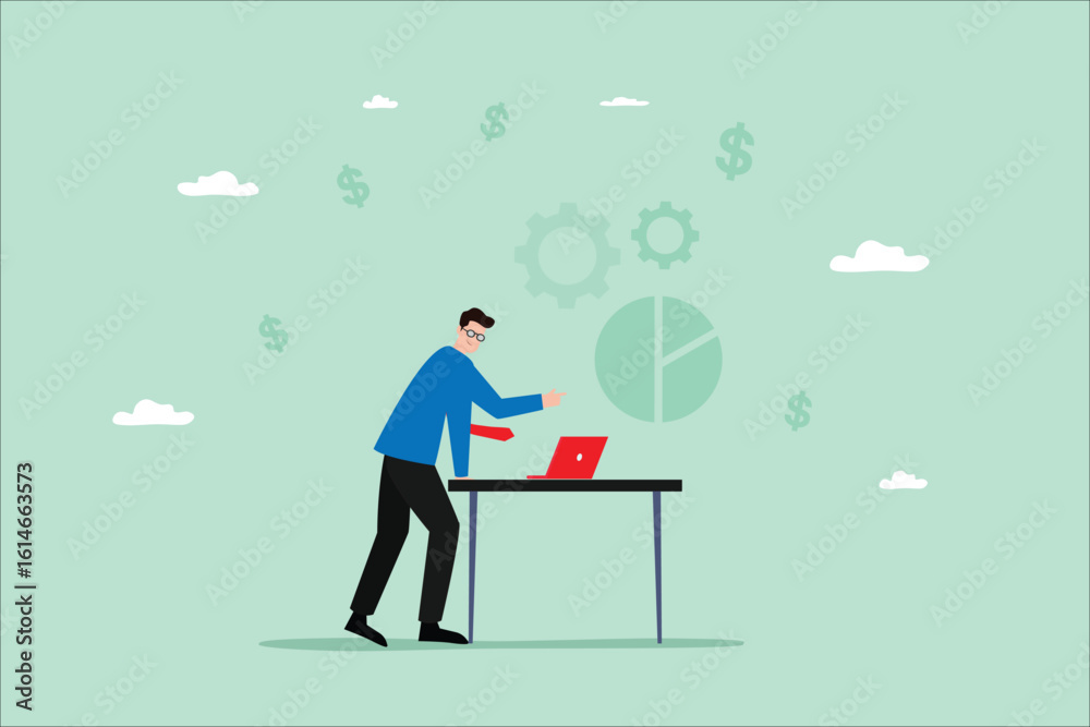 Fototapeta premium Business Analytics and Financial Reporting Man Working on Laptop with Data and Money Symbols