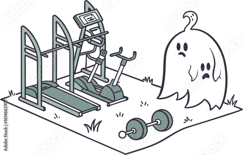 A sad ghost looks at exercise equipment in a gym setting feeling overwhelmed by the prospect of working out