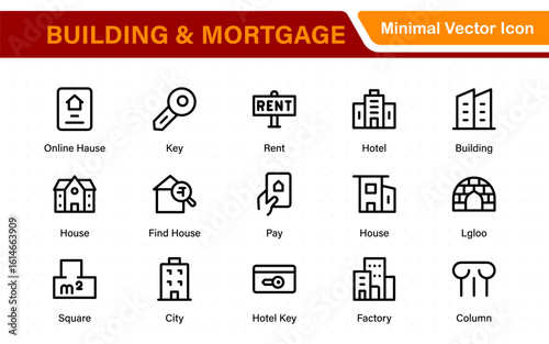Building and Mortgage icon set. Includes house, real estate, bank, mortgage contract, property loan, home insurance, and foreclosure icons. Solid vector icon collection.