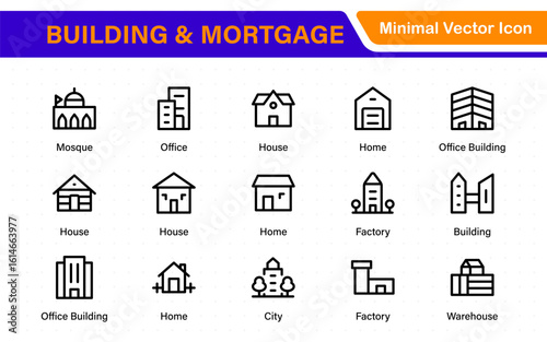 Building and Mortgage icon set. Includes house, real estate, bank, mortgage contract, property loan, home insurance, and foreclosure icons. Solid vector icon collection.