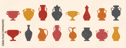 Textured ceramics vase silhouette set. Ancient amphora, greek antiques vases. Different old pottery and vessels, clay pitchers, jug. Creative decor flat vases shapes 