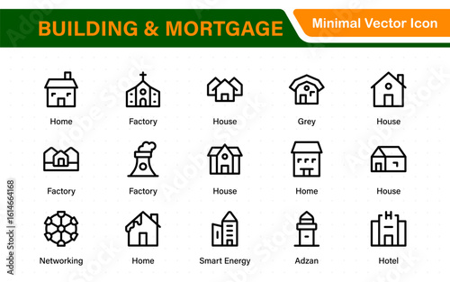 Building and Mortgage icon set. Includes house, real estate, bank, mortgage contract, property loan, home insurance, and foreclosure icons. Solid vector icon collection.