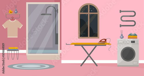 Modern bathroom interior with shower, washing machine, ironing board and large window. Cozy home bathroom with tiled walls, laundry area and minimalist decor. Vector flat illustration. 