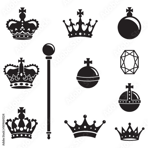 Elegant black and white royal crowns and ornaments silhouettes on white background