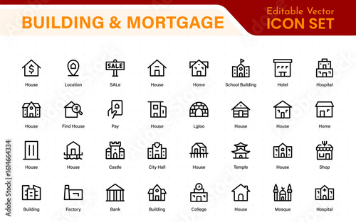 Building and Mortgage icon set. Includes house, real estate, bank, mortgage contract, property loan, home insurance, and foreclosure icons. Solid vector icon collection.