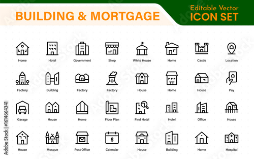 Building and Mortgage icon set. Includes house, real estate, bank, mortgage contract, property loan, home insurance, and foreclosure icons. Solid vector icon collection.
