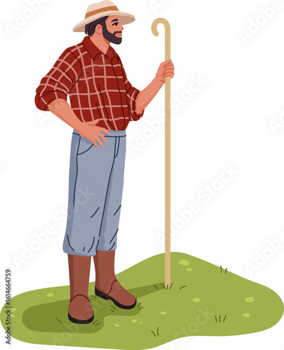 Farmer or gardener character on farm field or pasture meadow, vector personage. Farmer or gardener man with shepherd crook at cattle farm, agrarian worker at agriculture farm field or ranch farmland