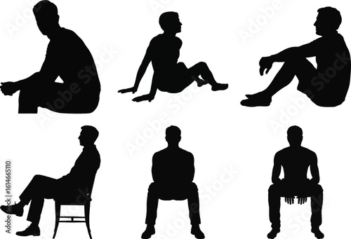 Man sitting silhouette vector, male figure sitting with knees up, black outline for design and creative projects