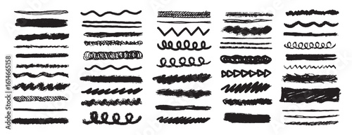 Chalk lines and squiggles, underlines hand drawn doodle thick line border, swoosh. Textured crayon brush scribble strokes