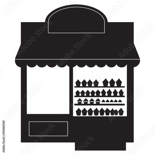 Silhouette illustration of a cupcake shop displaying delicious baked goods and treats