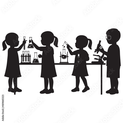 Silhouette illustration of children exploring science and experiments in a laboratory setting