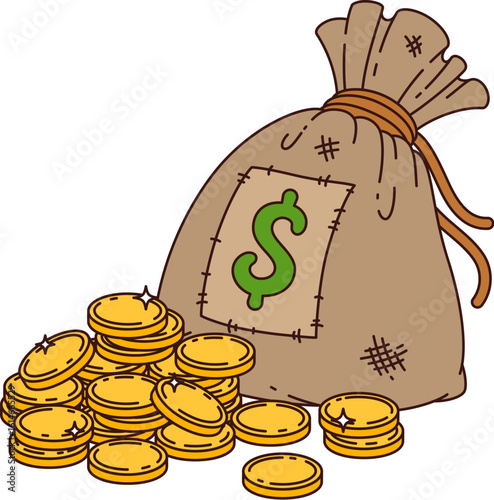 Groovy western money bag. Cartoon vector wild west sturdy canvas sack, used to carry coins or banknotes, marked with a dollar sign. Isolated retro vintage nostalgic asset with American currency cash