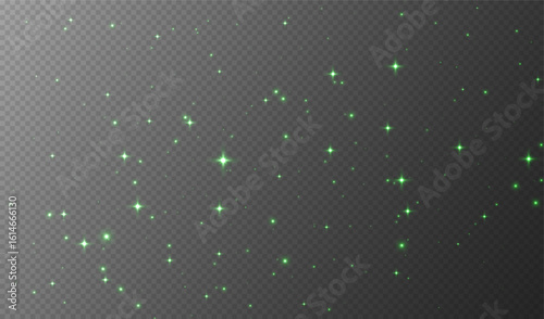 Green sparkling stars, shiny particles light effect, transparent flying stardust texture, abstract twinkle Christmas decoration. Vector illustration.