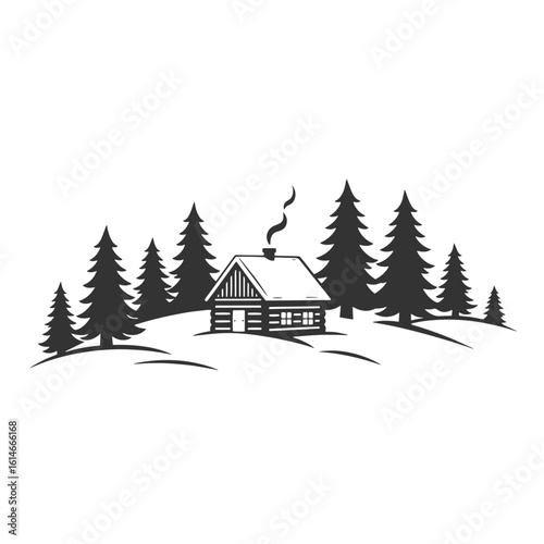 Simple black and white illustration of a cabin and pine trees in a winter landscape