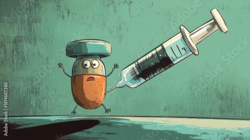 Cute cartoon syringe character smiling with big eyes and a cheerful face on a white background