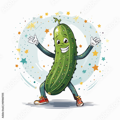 A funky pickle in a glitter jumpsuit busts disco moves under party lights with retro flair.