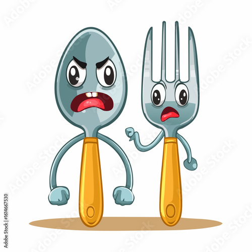 A spoon and fork face off in a comic kitchen argument full of attitude and energy.