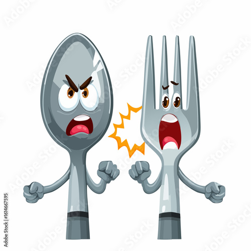 A spoon and fork face off in a comic kitchen argument full of attitude and energy.