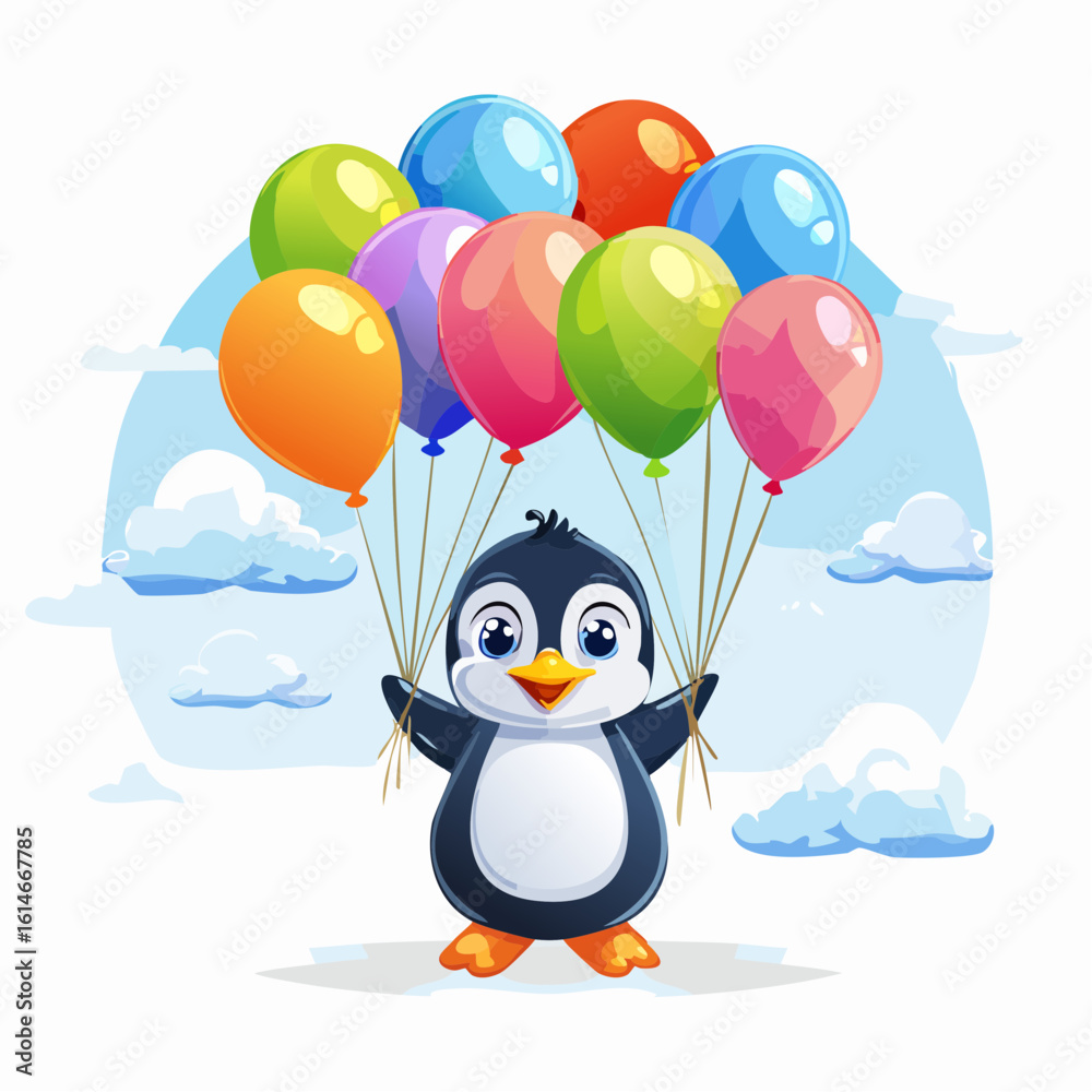 Obraz premium A hopeful penguin clutches balloons and tries to fly in this funny, heartwarming cartoon.