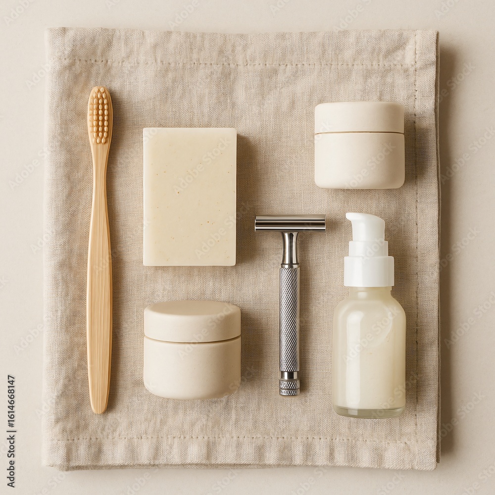 Naklejka premium Aesthetic Flat Lay of Eco-Friendly Bathroom Products – Bamboo Toothbrush, Soap, Loofah, Refillable Bottles
