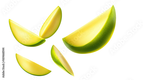 Title: Sliced Green Mango Fruit Pieces Isolated on White Background for Fresh Tropical Food Concepts