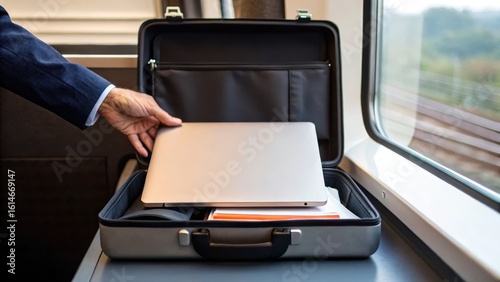 Business travel and global mobility transportation concept. A person placing a laptop into a briefcase on a train, showcasing a mobile work lifestyle.