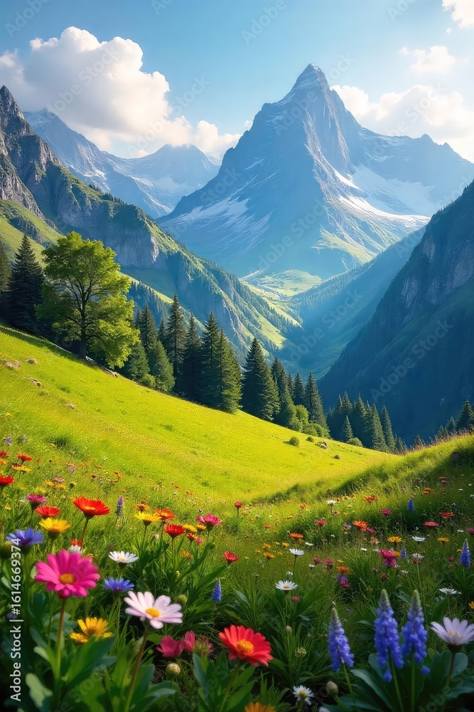 Fototapeta premium Serene alpine meadow nestled amongst towering peaks, wildflowers in bloom, bathed in golden sunlight Breathtaking vista of untouched nature , flora, wilderness, serenity