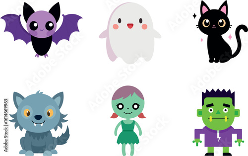 Adorable Halloween character icon set for kids in cartoon vector style