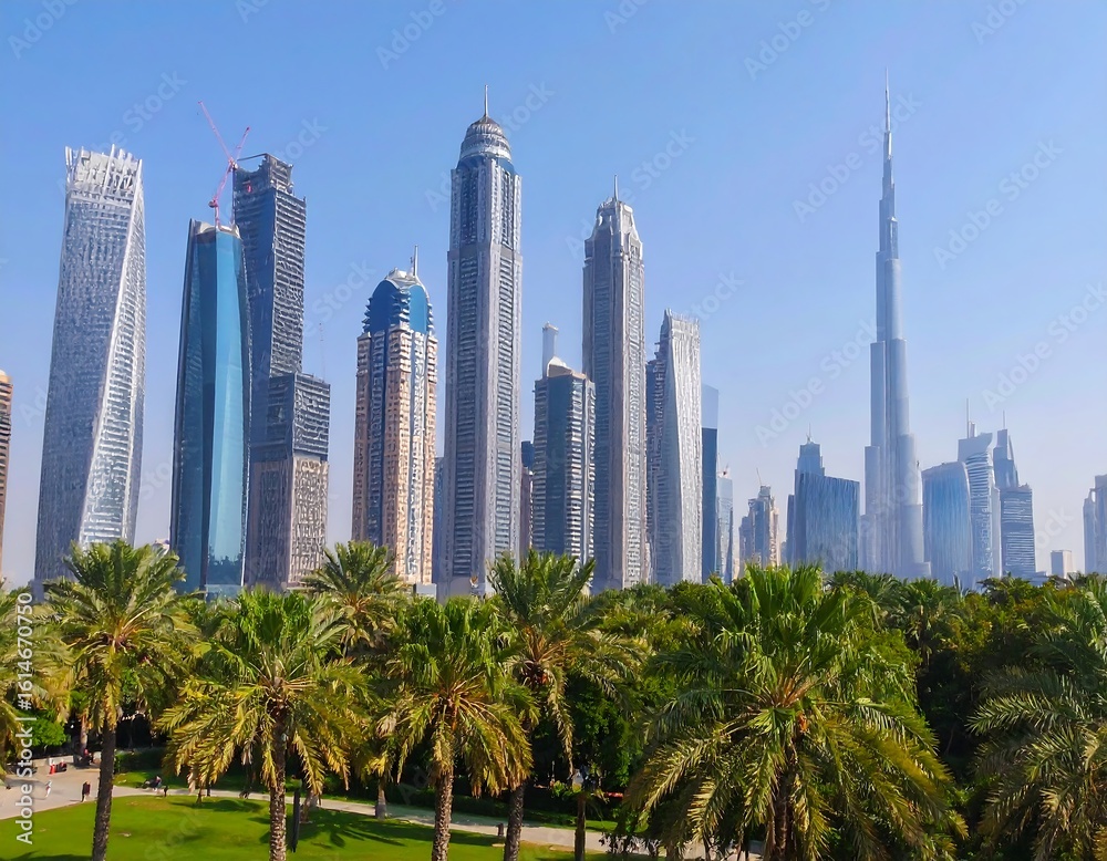 Naklejka premium City skyline with palm trees and park